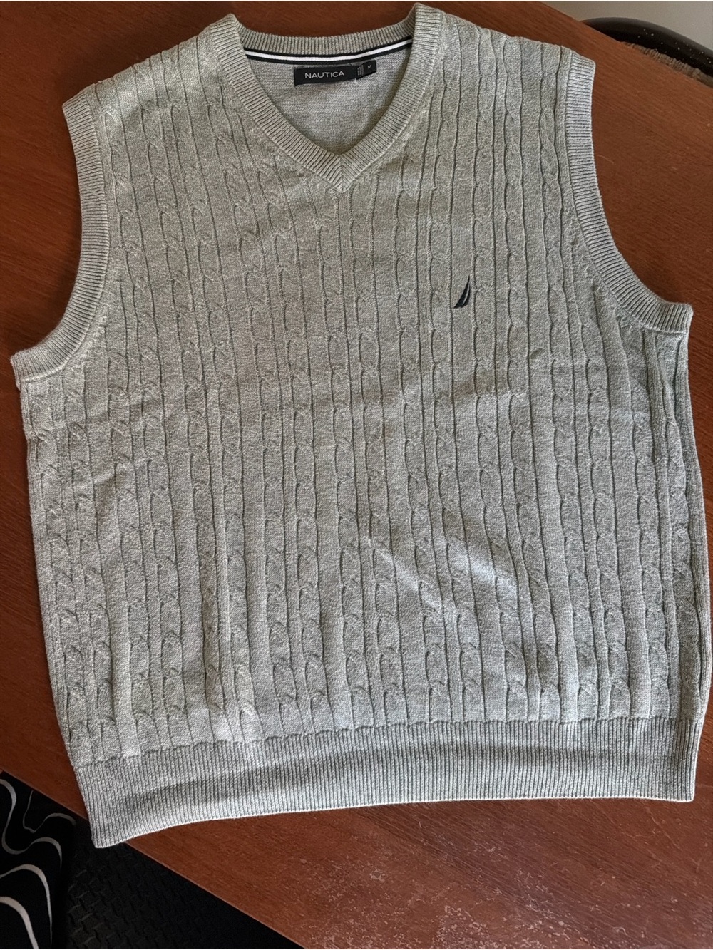 Nautica Light Gray Cable Knit V-Neck Sweater Vest with Navy Sail Logo